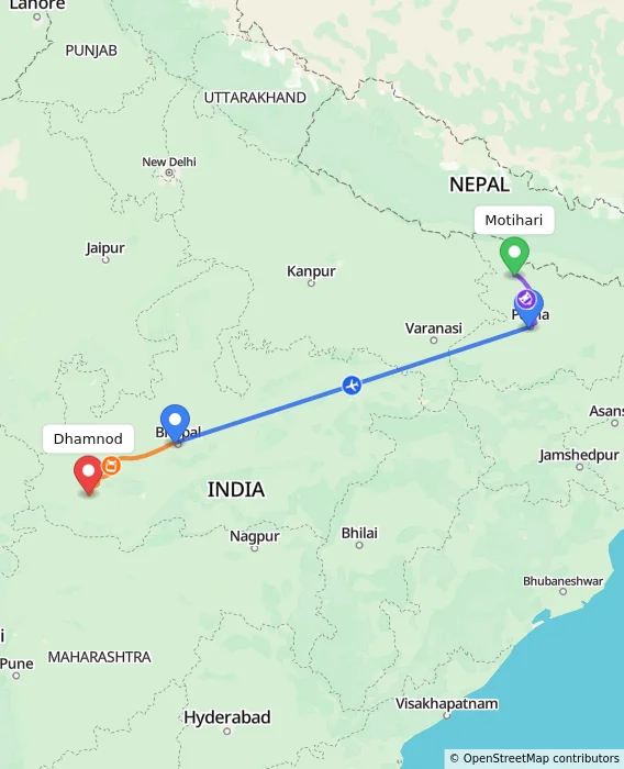 Route map showing distance and travel time from Motihari, India to Dhamnod, India