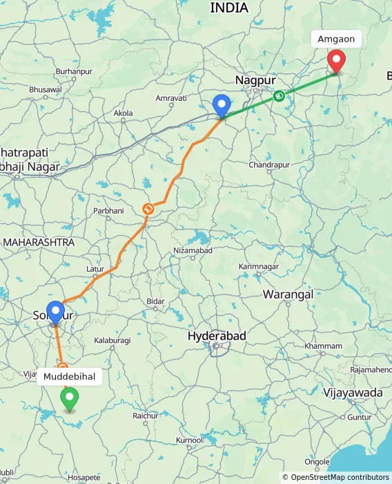 Route map showing distance and travel time from Muddebihal, India to Amgaon, India
