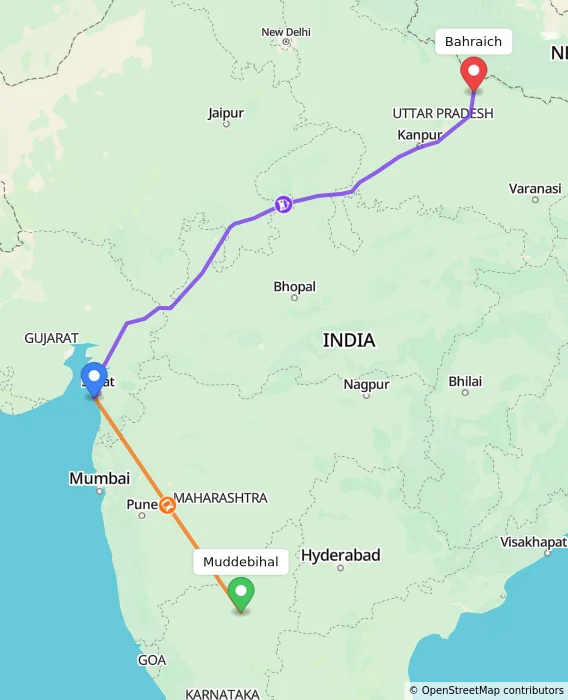 Route map showing distance and travel time from Muddebihal, India to Bahraich, India