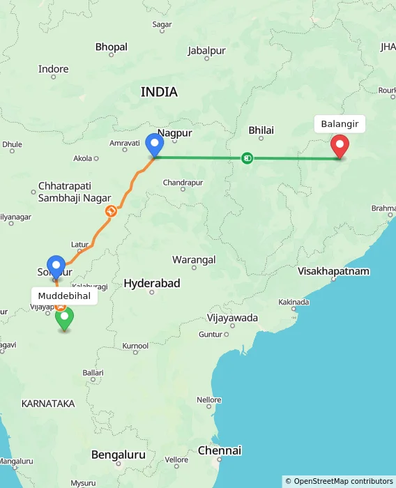 Route map showing distance and travel time from Muddebihal, India to Balangir, India