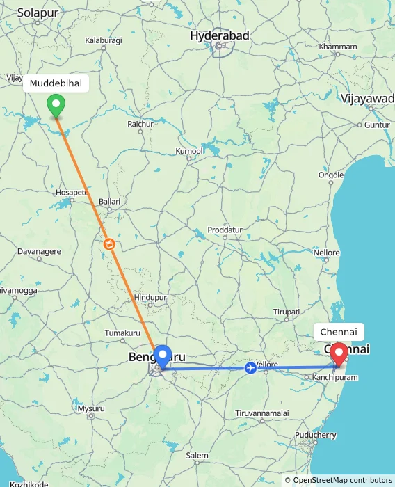 Route map showing distance and travel time from Muddebihal, India to Chennai, India