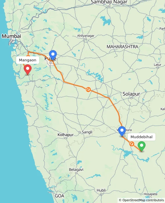 Route map showing distance and travel time from Muddebihal, India to Mangaon, India