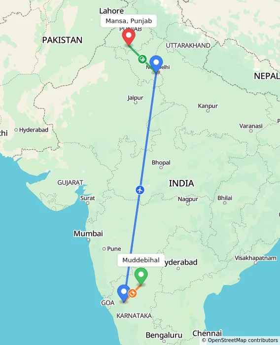 Route map showing distance and travel time from Muddebihal, India to Mansa, Punjab, India
