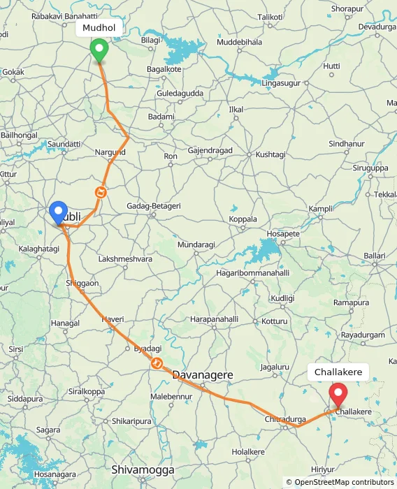 Route map showing distance and travel time from Mudhol, India to Challakere, India