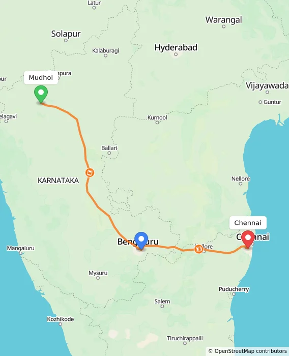 Route map showing distance and travel time from Mudhol, India to Chennai, India