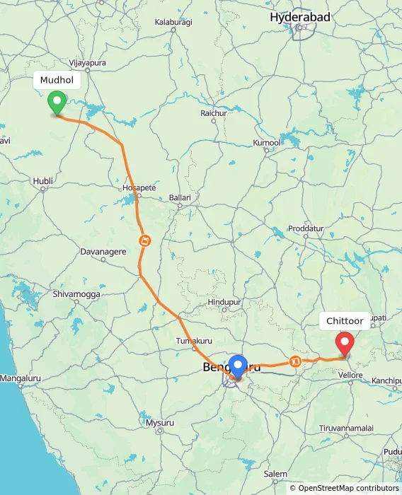 Route map showing distance and travel time from Mudhol, India to Chittoor, India