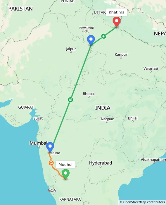 Route map showing distance and travel time from Mudhol, India to Khatima, India