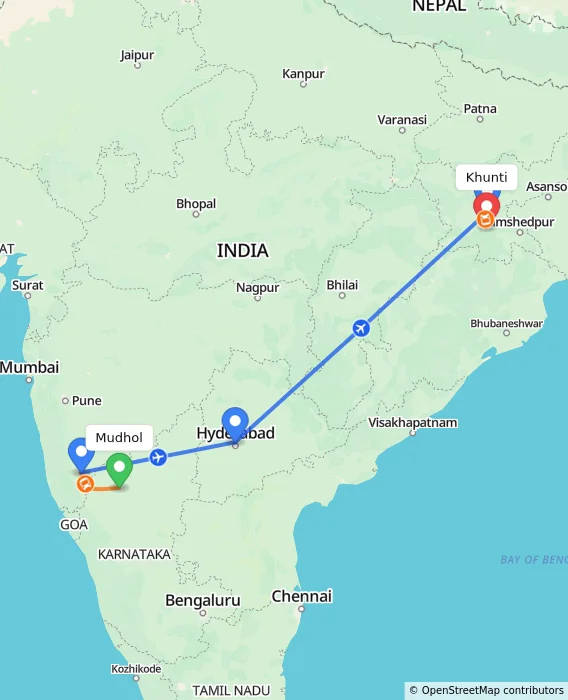 Route map showing distance and travel time from Mudhol, India to Khunti, India