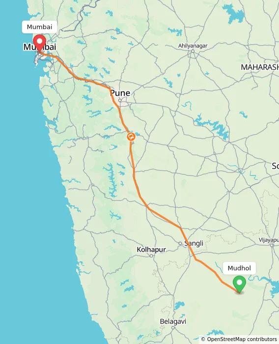 Route map showing distance and travel time from Mudhol, India to Mumbai, India