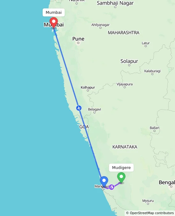 Route map showing distance and travel time from Mudigere, India to Mumbai, India