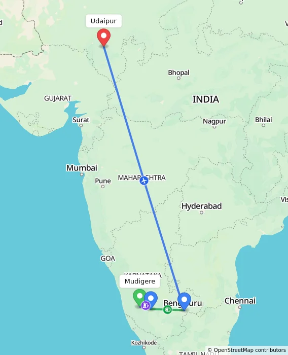 Route map showing distance and travel time from Mudigere, India to Udaipur, India