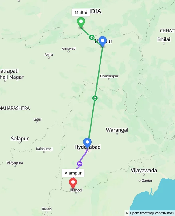 Route map showing distance and travel time from Multai, India to Alampur, India