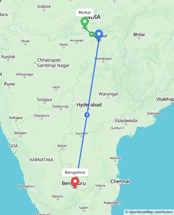 Route map showing distance and travel time from Multai, India to Bangalore, India
