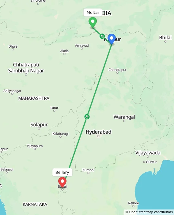 Route map showing distance and travel time from Multai, India to Bellary, India