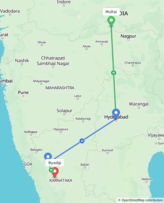 Route map showing distance and travel time from Multai, India to Byadgi, India
