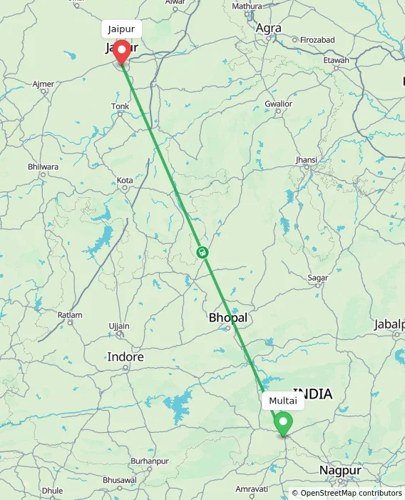Route map showing distance and travel time from Multai, India to Jaipur, India