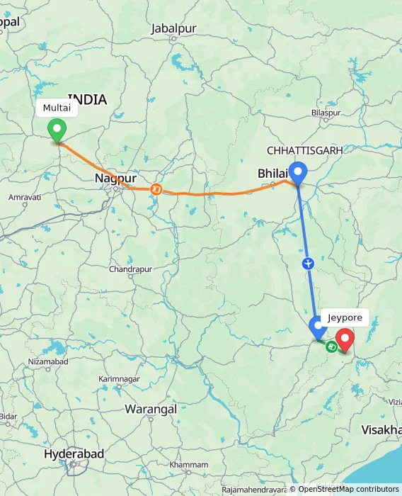 Route map showing distance and travel time from Multai, India to Jeypore, India