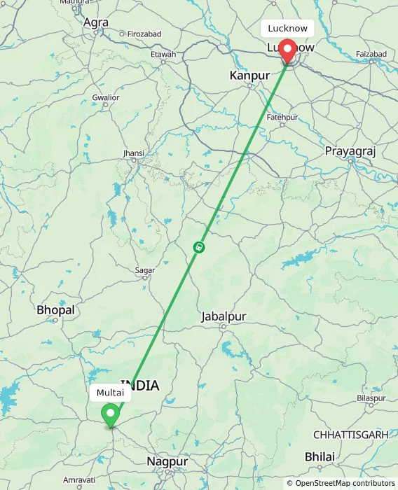 Route map showing distance and travel time from Multai, India to Lucknow, India