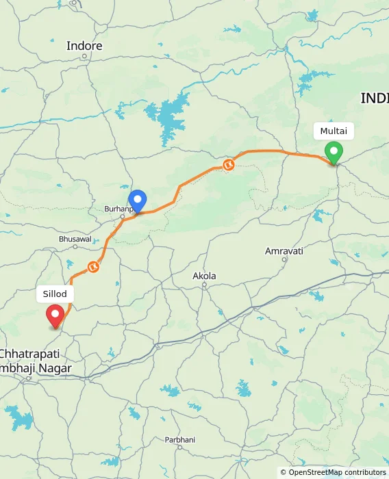 Route map showing distance and travel time from Multai, India to Sillod, India