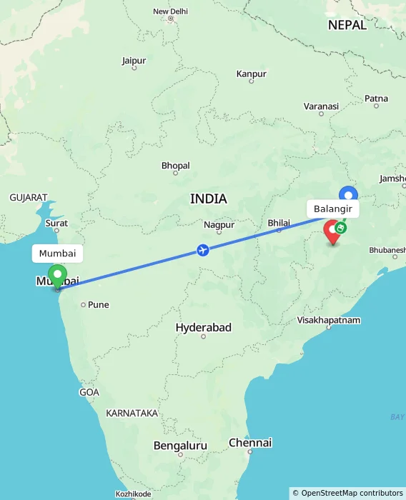 Route map showing distance and travel time from Mumbai, India to Balangir, India
