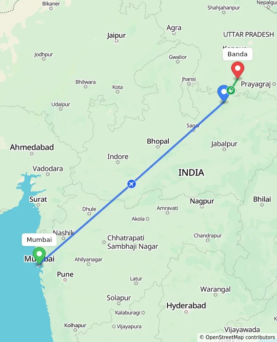 Route map showing distance and travel time from Mumbai, India to Banda, India