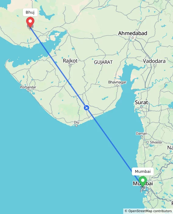 Route map showing distance and travel time from Mumbai, India to Bhuj, India