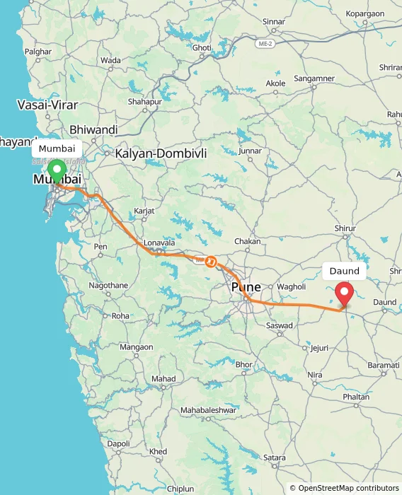 Route map showing distance and travel time from Mumbai, India to Daund, India