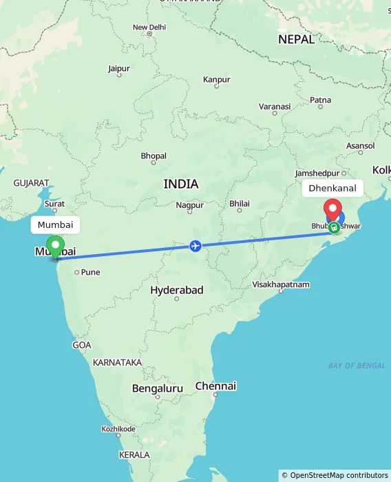 Route map showing distance and travel time from Mumbai, India to Dhenkanal, India