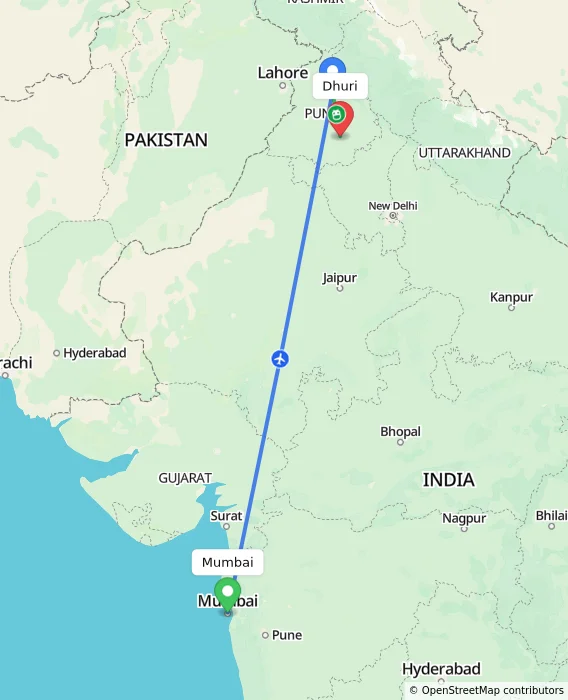 Route map showing distance and travel time from Mumbai, India to Dhuri, India