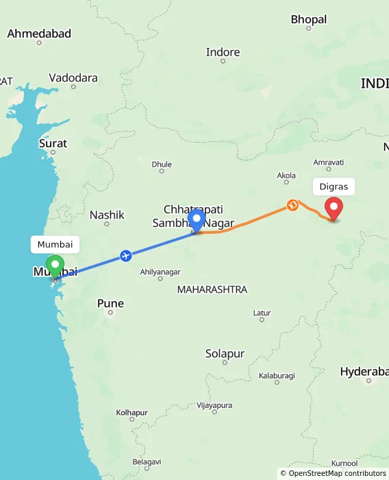 Route map showing distance and travel time from Mumbai, India to Digras, India