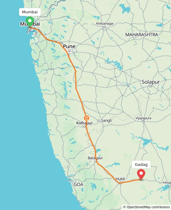 Route map showing distance and travel time from Mumbai, India to Gadag, India