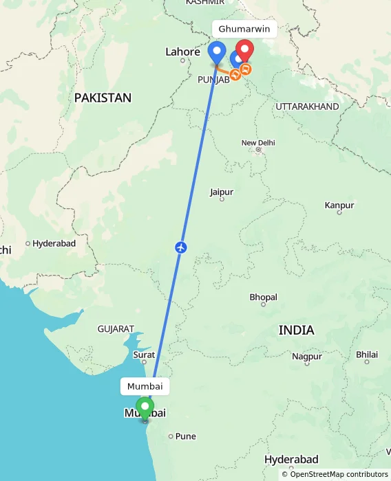 Route map showing distance and travel time from Mumbai, India to Ghumarwin, India