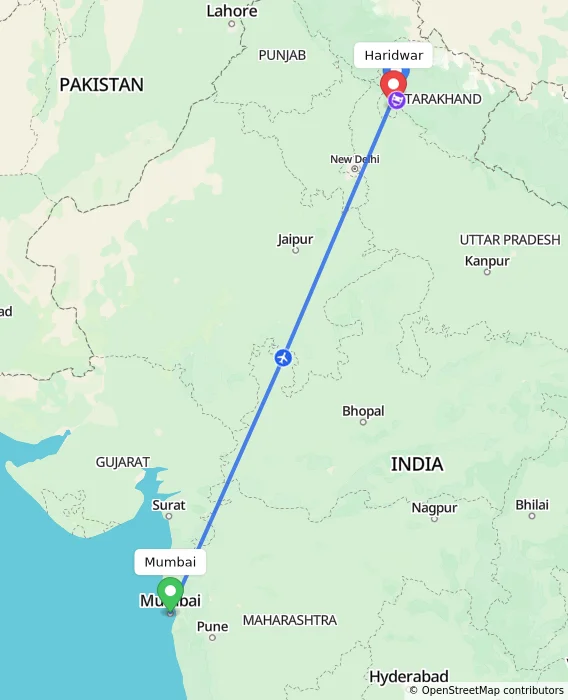 Route map showing distance and travel time from Mumbai, India to Haridwar, India