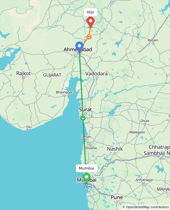 Route map showing distance and travel time from Mumbai, India to Idar, India