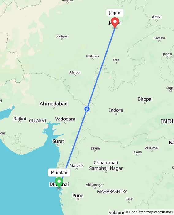 Route map showing distance and travel time from Mumbai, India to Jaipur, India