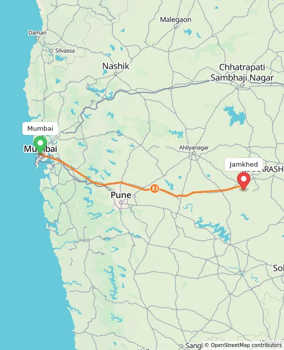 Route map showing distance and travel time from Mumbai, India to Jamkhed, India