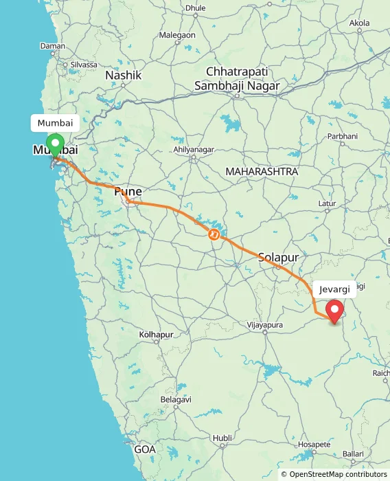 Route map showing distance and travel time from Mumbai, India to Jevargi, India