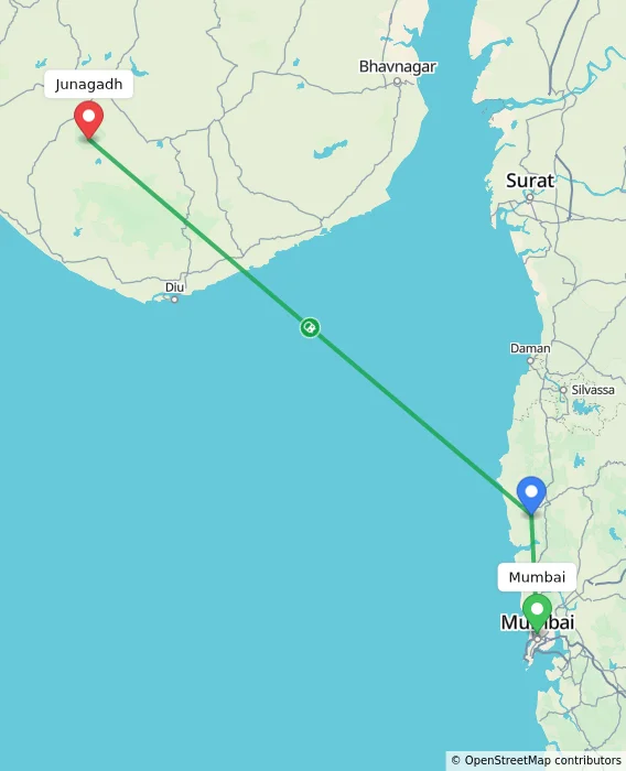 Route map showing distance and travel time from Mumbai, India to Junagadh, India