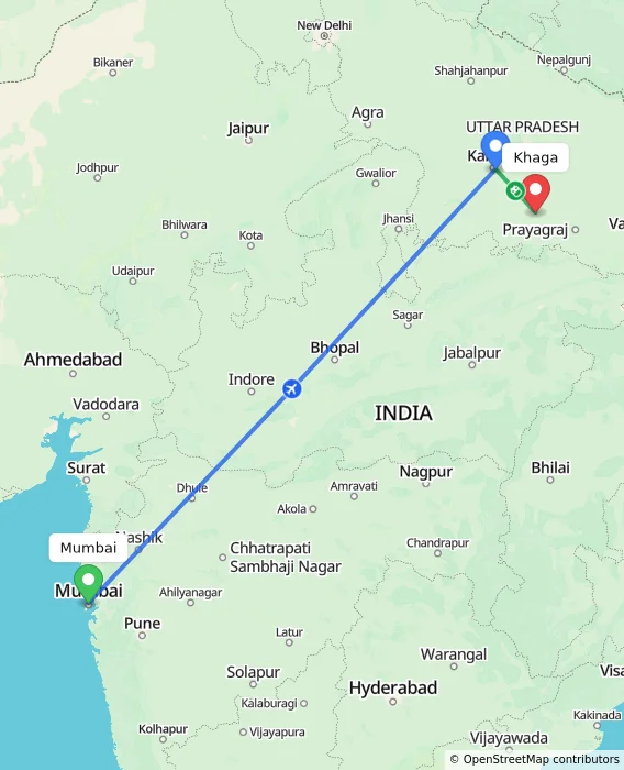 Route map showing distance and travel time from Mumbai, India to Khaga, India