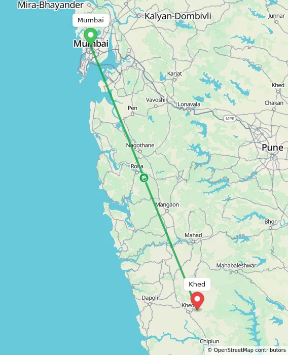 Route map showing distance and travel time from Mumbai, India to Khed, India