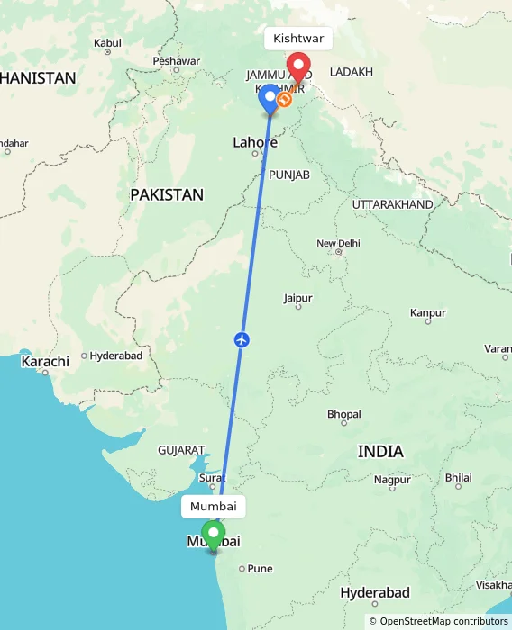 Route map showing distance and travel time from Mumbai, India to Kishtwar, India