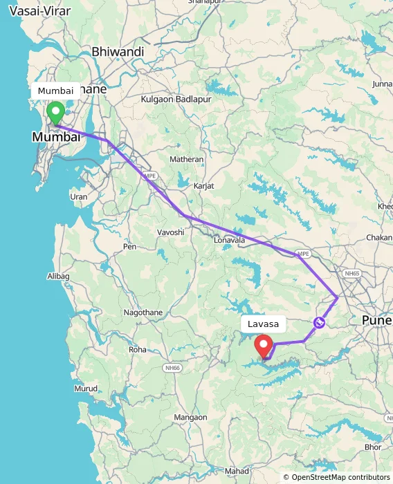 Route map showing distance and travel time from Mumbai, India to Lavasa, India
