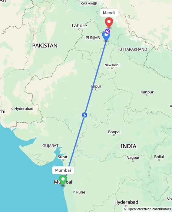 Route map showing distance and travel time from Mumbai, India to Mandi, India