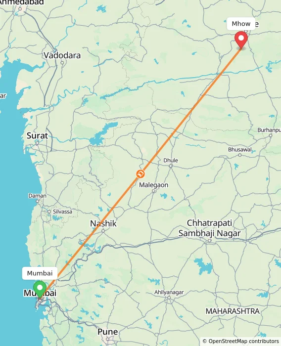 Route map showing distance and travel time from Mumbai, India to Mhow, India