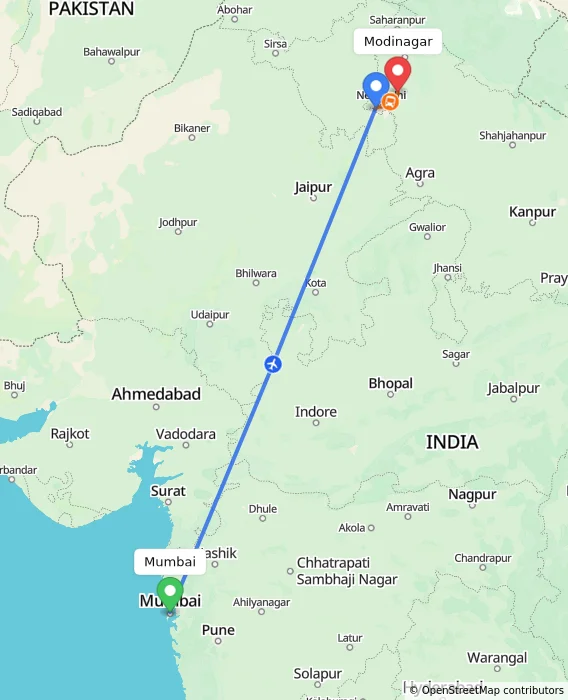 Route map showing distance and travel time from Mumbai, India to Modinagar, India