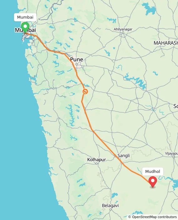 Route map showing distance and travel time from Mumbai, India to Mudhol, India
