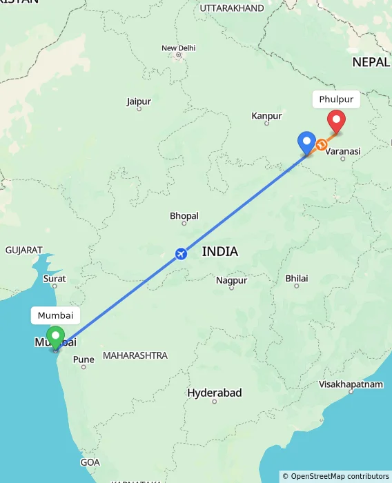 Route map showing distance and travel time from Mumbai, India to Phulpur, India