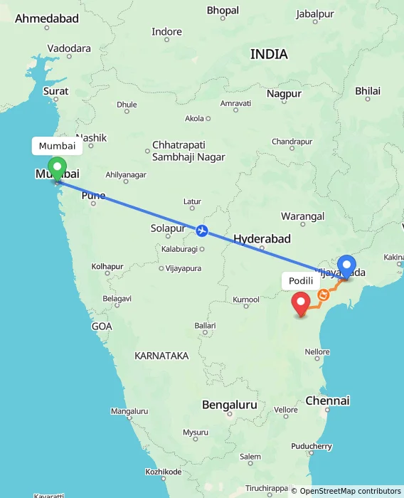 Route map showing distance and travel time from Mumbai, India to Podili, India
