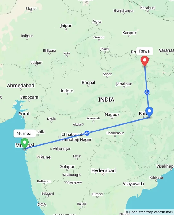 Route map showing distance and travel time from Mumbai, India to Rewa, India