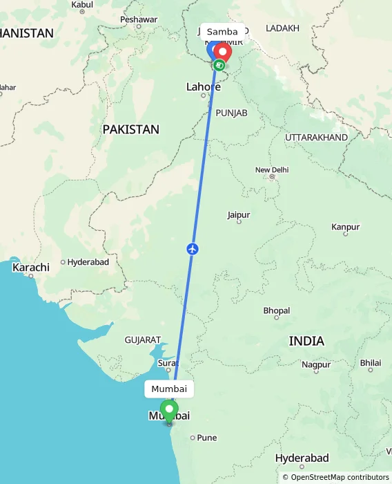 Route map showing distance and travel time from Mumbai, India to Samba, India